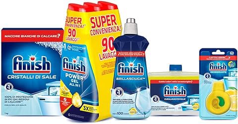 Finish Kit Lavastoviglie; Finish Powergel Detersivo Lavastoviglie Lemon 90 Lavaggi, Brillantante Lemon 500Ml, Curalavastoviglie Lemon 250Ml, Cristalli
