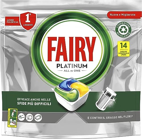 Fairy Platinum Detersivo Pastiglie Lavastoviglie, Brillantante, 14 Capsule Lavastoviglie, Limone, Con Sistema Di Prelavaggio Integrato, Efficace Nelle