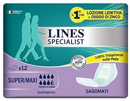 12 Confezioni Da 12 Pezzi Pannoloni Sagomati Lines Specialist Per Adulti Super Maxi Incontinenza [ Totale 144 Pannoloni ]