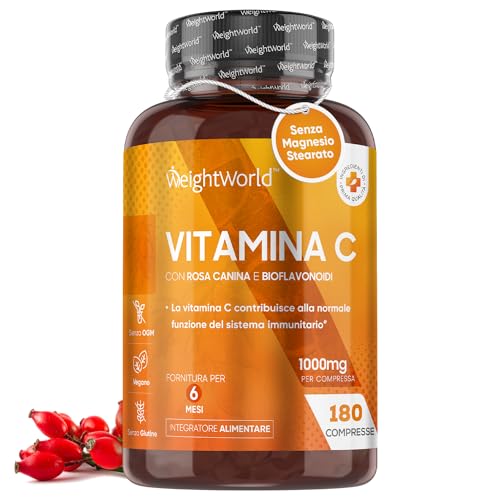 Vitamina C 1000Mg Con Rosa Canina In Polvere E Bioflavonoidi, Senza Magnesio Stearato, 180 Compresse Vegan, Vitamina C Pura Contribuisce Al Funzioname