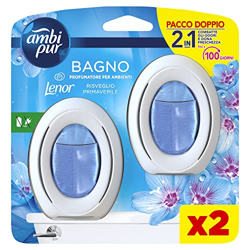 Ambi Pur Bagno Profumatore Per Ambienti, 2 Profumatori, Fragranza Lenor Risveglio Primaverile, Diffusore Ambiente Con Tecnologia Elimina Odori, Durata