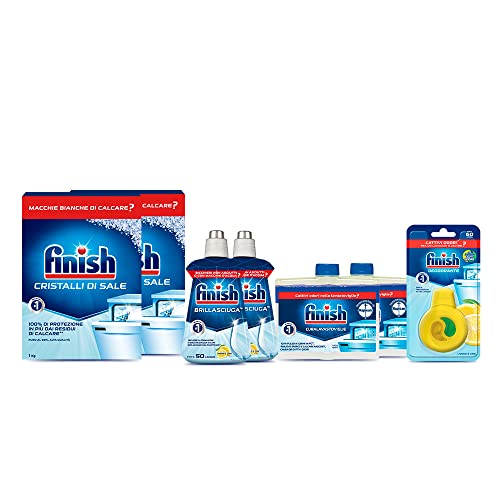 Finish Kit Additivi Lavastoviglie, 2 Confezioni Brillantante Lemon 250Ml, 2 Confezioni Curalavastoviglie Regular 250Ml, 2 Confezioni Cristalli Di Sale