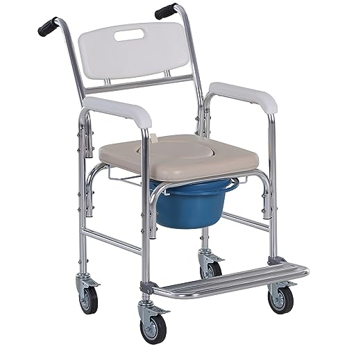 Homcom Sedia A Rotelle Impermeabile Con Wc Seduta In Ecopelle, 4 Ruote, Vaso Rimovibile Per Anziani/Disabili, 84X54X96Cm