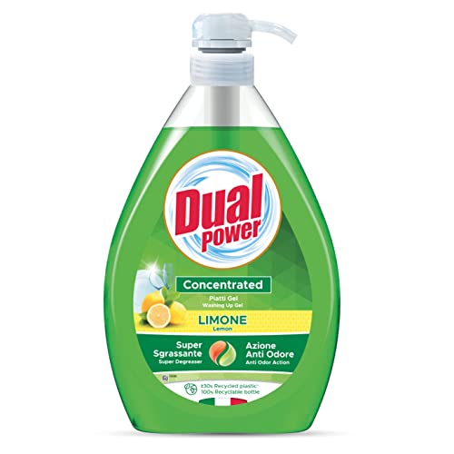 Dual Power Piatti Gel Limone, Detergente Piatti Concentrato Ad Elevato Potere Sgrassante, Ideale Per Stoviglie Incrostate, Azione Anti Odore, Made In 