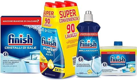 Finish Kit Lavastoviglie, Finish Powergel Detersivo Lemon 90 Lavaggi, Brillantante Limone 500Ml, Curalavastoviglie 250Ml, Cristalli Di Sale 1Kg