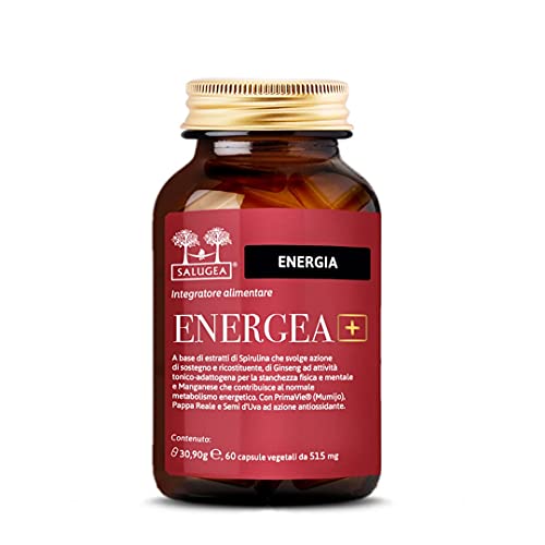 Energea+ Salugea - Integratore Energizzante 100% Naturale - Con Spirulina, Shilajit, Pappa Reale, Ginseng - 60 Capsule Vegetali - Flacone In Vetro Scu