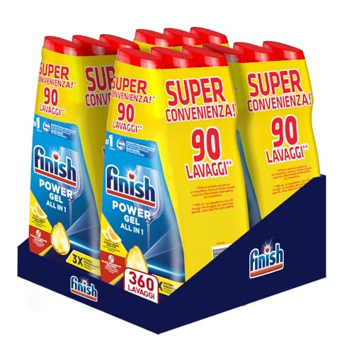 Finish Powergel Detersivo Lavastoviglie Al Limone, Gel Lavastoviglie, 360 Lavaggi, 12 Confezioni Da 30 Lavaggi Di Liquido Lavastoviglie