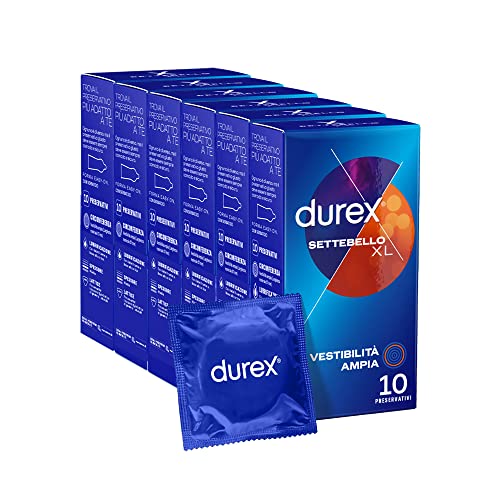 Durex Settebello Xl (57 Mm), Forma Serbatoio Easy-On, 6 Confezioni, 60 Profilattici, Vestibilità Ampia