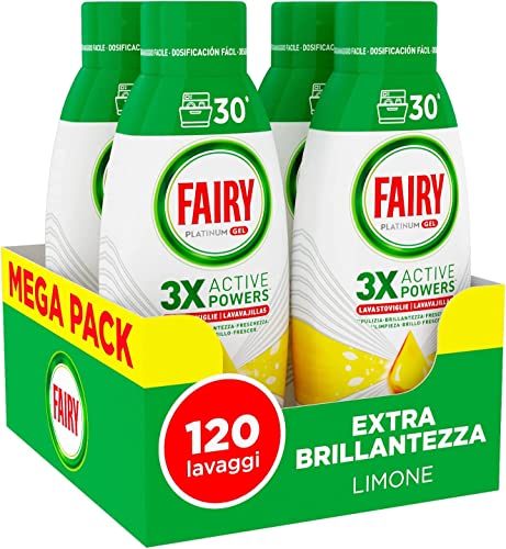 Fairy Platinum Detersivo Lavastoviglie, Gel Lavastoviglie Brillantante, 120 Lavaggi, Confezione Da 4 Bottiglie, Extra Brillantezza, Profumo Di Limone
