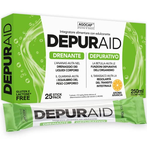 Agocap Depuraid Detox, Drenante Forte Dimagrante, Depurativo Antiossidante, 25 Stick Pack Monodose, Gusto Arancia, Elimina Le Tossine Del Fegato