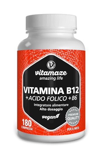 Vitamina B12 1000 Mcg + 375 Mcg Acido Folico + Vitamina B6 Ad Alto Dosaggio (6 Mesi Di Trattamento) 180 Compresse Vegan, Qualità Tedesca. Vitamaze®