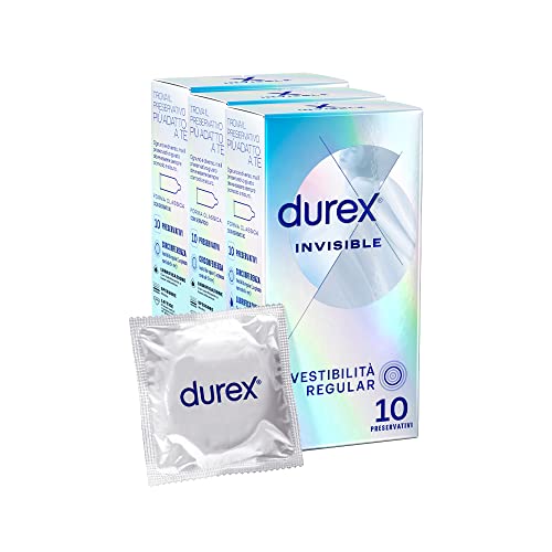 Durex Invisible (54 Mm), Forma Serbatoio Easy-On, 3 Confezioni, 30 Profilattici Extra Sottili, Vestibilità Regular