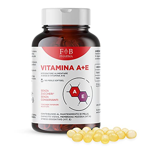 Fb Pharma - Integratore Di Vitamina A 1000Mcg + Vitamina E 47Mg - 180 Perle In Soft Gel - Per Mantenimento Vista, Pelle, Capelli Normali - Formula Stu