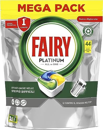 Fairy Platinum Detersivo Pastiglie Lavastoviglie, Brillantante, 44 Capsule Lavastoviglie, Limone, Con Sistema Di Prelavaggio Integrato, Efficace Nelle