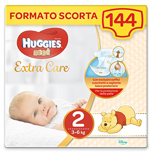 Huggies Pannolini Bebè Extra Care, Taglia 2 (3-6 Kg), Confezione Da 144 Pannolini