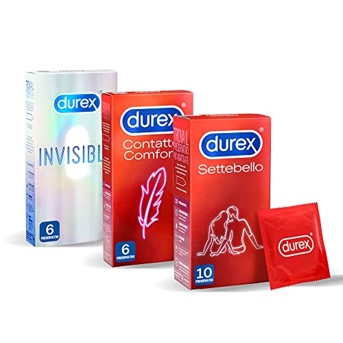 Durex Mix Preservativi Sottili, 6 Durex Invisible + 6 Durex Contatto Comfort + 10 Durex Settebello Super Sottile, 22 Profilattici Assortiti