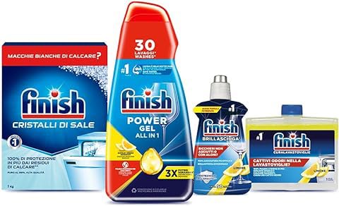 Finish Kit Lavastoviglie; Finish Powergel Detersivo Lavastoviglie Lemon 30 Lavaggi, Brillantante Limone 250Ml, Curalavastoviglie Limone 250Ml, Cristal