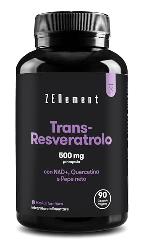 Trans-Resveratrolo, 500 Mg Per Capsula, 90 Capsule | Con Nad+, Quercetina E Piperina | Anti-Invecchiamento, Invecchiamento Sano, Antiossidante | Vegan