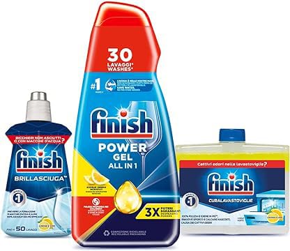 Finish Kit Lavastoviglie; Finish Powergel Detersivo Lavastoviglie Lemon 30 Lavaggi, Brillantante Limone 250Ml, Curalavastoviglie Limone 250Ml