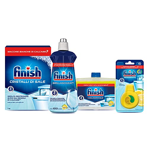 Finish Kit Additivi Lavastoviglie, 1 Confezione Brillantante Lemon 500Ml, 1 Confezione Curalavastoviglie Lemon 250Ml, 1 Confezione Cristalli Di Sale 1