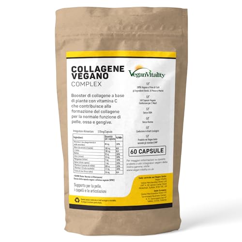 Collagene Vegano Integratore Con Biotina, Lisina, Silice Di Bambù, Zinco, Vitamine C, E, A. Vegetariano E Vegan Collagen. Per Pelle, Capelli, Unghie E