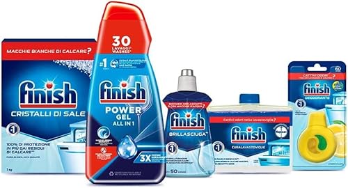 Finish Kit Lavastoviglie; Powergel Detersivo Lavastoviglie Fresh 30 Lavaggi, Brillantante Regular 250Ml, Curalavastoviglie Regular 250Ml, Cristalli Di