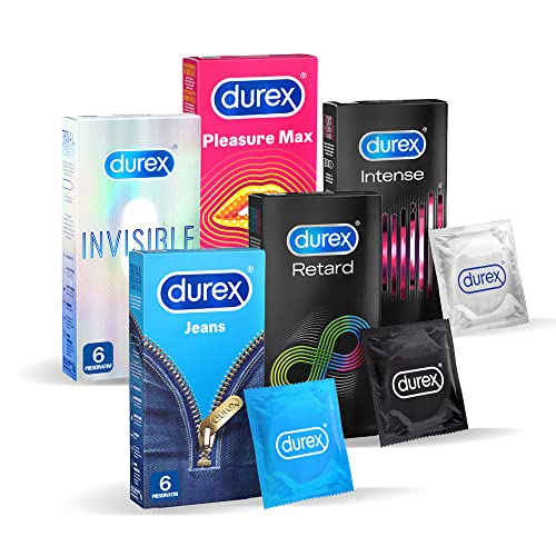 Durex Condom Mix, Preservativi Assortiti, Durex Jeans 6 + Durex Invisible 6 + Durex Pleasuremax 6 + Durex Intense 6 + Durex Retard 6, 30 Preservativi