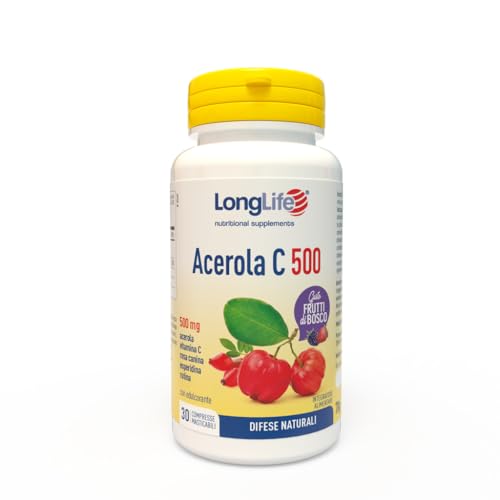Longlife® Acerola C 500 | Integratore Con Vitamina C, Rosa Canina, Esperidina E Rutina | 30 Cpr | Gusto Frutti Di Bosco | Difese Immunitarie | Gluten 
