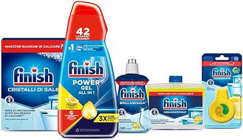 Finish Kit Lavastoviglie; Finish Powergel Detersivo Lavastoviglie Lemon 42 Lavaggi, Brillantante Limone 250Ml, Curalavastoviglie Limone 250Ml, Cristal