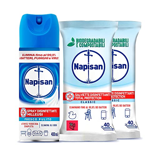 Napisan Kit Cura Della Casa, 2 Confezioni 40 Salviette Biodegradabili Disinfettanti Formula 0%, 1 Confezione Napisan Spray Disinfettante Milleusi Frag