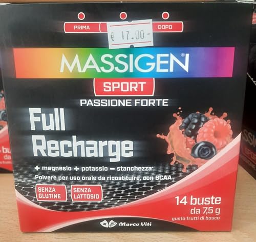 2 X Massigen Sport Full Recharge - 14 Buste Creatina, Bcaa, Magnesio, Potassio, Vitamine Senza Glutine Senza Lattosio