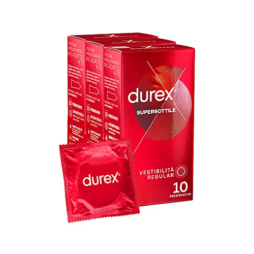 Durex Supersottile Xl (57 Mm), Forma Serbatoio Easy-On, 3 Confezioni, 30 Profilattici Sottili, Vestibilità Ampia
