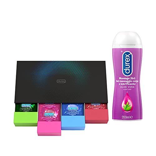 Durex Surprise Me Kit Di Preservativi Assortiti, Sottili E Con Rilievi E Nervature, 40 Profilattici, E Durex Gel Massage 2In1, Con Aloe Vera, Lubrific