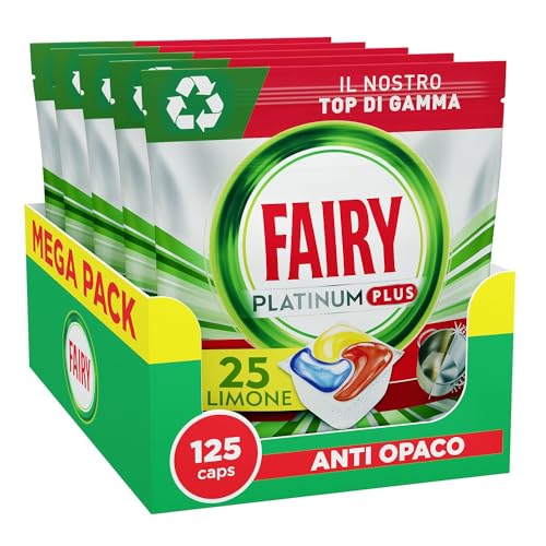 Fairy Platinum Detersivo Pastiglie Lavastoviglie Plus, Brillantante, 125 Capsule , Limone, Tecnologia Anti-Opaco, Contro Il Grasso E Le Incrostazioni