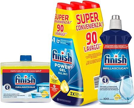 Finish Kit Lavastoviglie; Finish Powergel Detersivo Lavastoviglie Lemon 90 Lavaggi, Brillantante Limone 500Ml, Curalavastoviglie Limone 250Ml