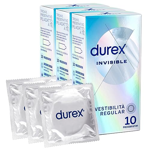 Durex Invisible Extra Sottile 30 Preservativi Vestibilità Regular, (3 Confezioni Da 10 Profilattici)