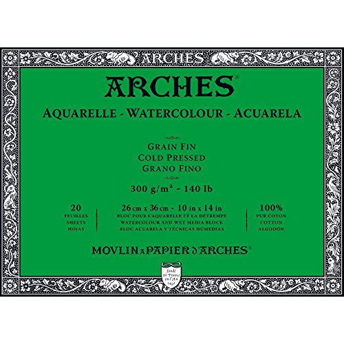 Arches Blocco Per Acquerello Incollato 4 Lati (20 Fogli) - Grana Fina - 300 G/Mq - 26X36 Cm