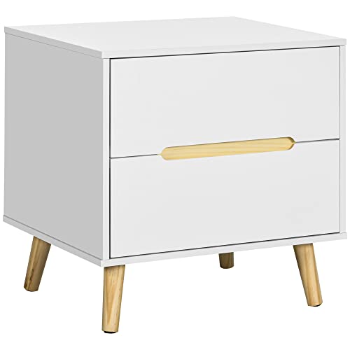 Homcom Comodino Moderno Con 2 Cassetti In Truciolato E Gambe In Legno Di Pino, 50Lx40Px50.5Acm, Bianco