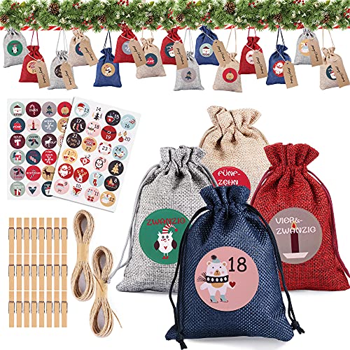 Dazspirit 24 Calendario Dell'Avvento,Avvento Calendario Avvento Da Riempire,Natale Regalo Juta Sacchetti Calendario Avvento,Con 1-24 Adesivi Numerici,