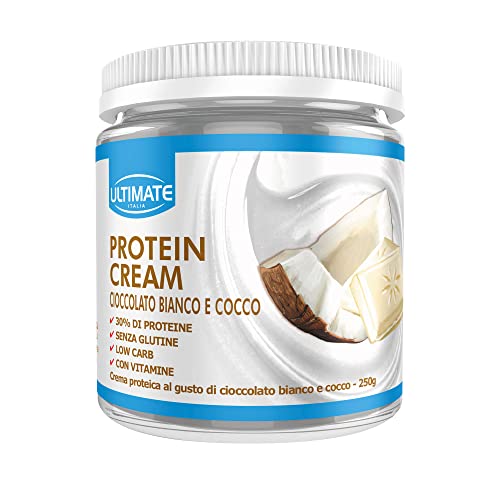 Ultimate Italia - Crema Proteica Al 30% Spalmabile, Senza Zuccheri - 250G - Gusto Cioccolato Bianco E Cocco - Poche Calorie, Senza Glutine, Con Vitami