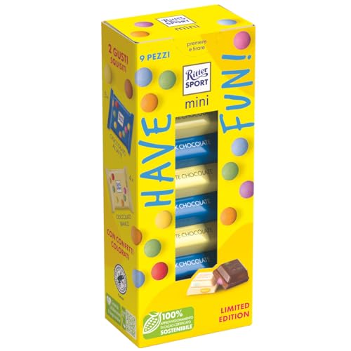Ritter Sport Mini Tower Have Fun, 5 Mini Tavolette Di Cioccolato Al Latte Con Confetti Di Cioccolato Colorati E 4 Mini Tavolette Di Cioccolato Bianco