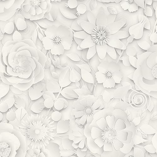 Rasch Carta Da Parati 200225 – Carta Da Parati In Carta Bianca E Grigia Con Fiori In Effetto 3D, 10,05 M X 0,53 M (Lunghezza X Larghezza)