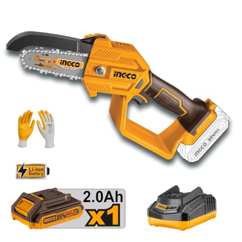 Ingco Mini Motosega A Batteria 20V Per Potatura Con 1 Batteria 2.0 Ah E Caricabatteria, Barra Da 5'' Pollici 13Cm, Velocità Catena 5M/Sec, Linea P20S