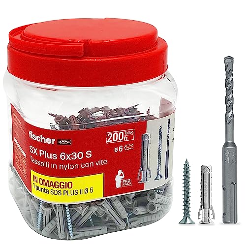 Fischer Propack Sx Plus 6 S, 200 Tasselli 6X30 Con Vite + Punta Trapano Sds 6Mm, Barattolo Riutilizzabile, Per Fissaggio Su Cemento E Muratura 570206
