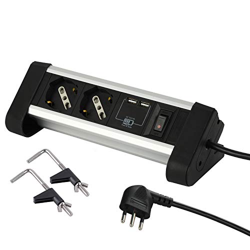 Electraline 62092 Multipresa Posti Polivalenti, Schuko + 10/16 A, Con 2 Usb 2.4 A, Inclusi 2 Supporti Per Fissaggio Alla Scrivania, Nero