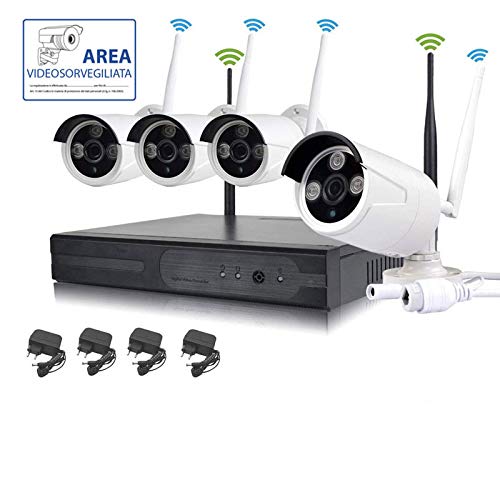 Kit Videosorveglianza Wireless Full Hd Ip 4 Telecamere 2 Mpx Wifi Da Remoto Senza Fili