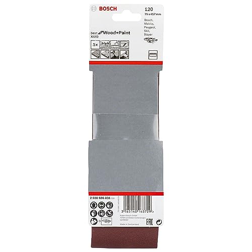 Bosch Professional 3 Pz. Set Di Nastri Abrasivi X440 Best For Wood And Paint,Per Legno E Vernice, 75 X 457 Mm, Grana 120, Accessori Per Levigatrici A 