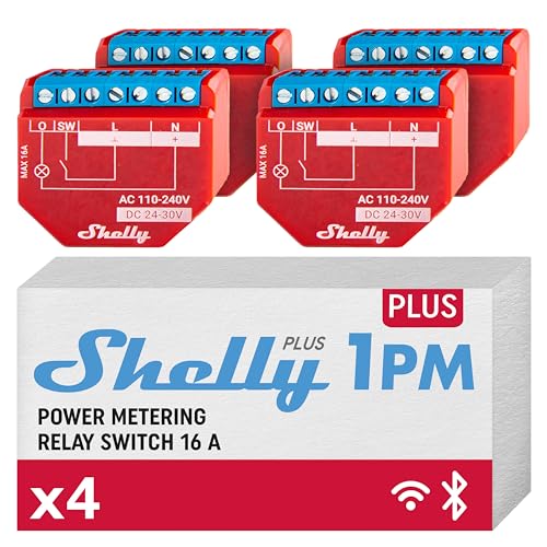 Shelly Plus 1Pm, Confezione De 4, Relè Interruttore Intelligente, Wi-Fi E Bluetooth, Misuratore Di Consumo, Domotica, Compatibile Con Alexa E Google H