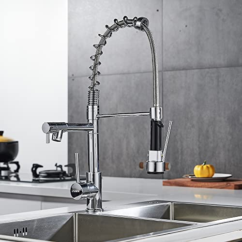 Rubinetto Cucina, Con 2 Ugelli, Rubinetto A Molla Ammortizzante Da Cucina, Rotazione A 360°, Standard Freddo E Caldo, Ottone Cromato.