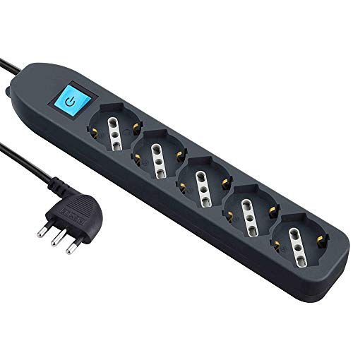 Electraline 62065 Multipresa 5 Posti Polivalenti (Schuko + 10/16A) Con Interruttore-Cavo 1,5 M Nero